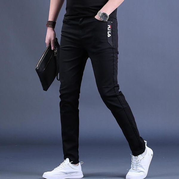 

men's jeans black fashion embroidery cotton straight slim fit denim pants male casual trousers, Blue
