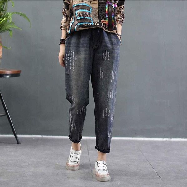 

spring autumn arts style women elastic waist loose casual jeans vintage embroidery cotton denim harem pants m331 women's, Blue