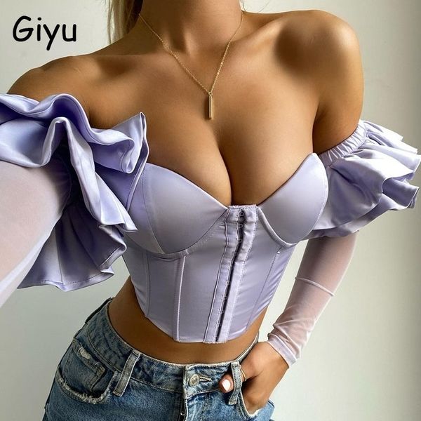 

giyu club party satin shirts blouse women summer autumn ruffles sleeve off shoulder backless padded crop blusas 210317, White