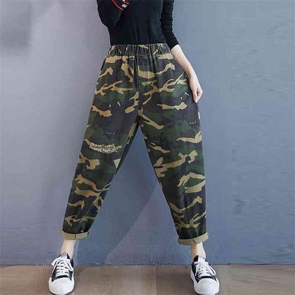 

autumn winter fashion women elastic waist camouflage pattern vintage hole jeans loose denim harem pants plus size m698 210512, Blue