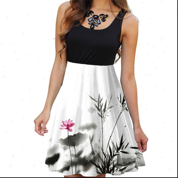 

vintage floral print summer tank womens dresses beach casual sleeveless patchwork a line vestidos, Black;gray