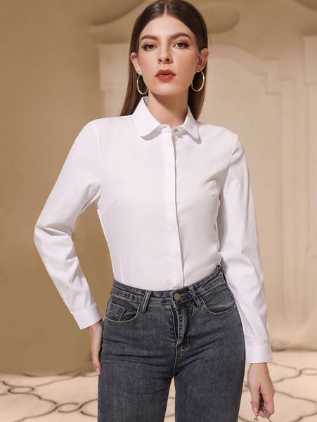 

solid button front blouse g1bh#, White