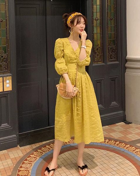 

2021 summer product linen puff sleeve v-neck waist dress thin sweet gentle fairy skirt europe and america, Black;gray