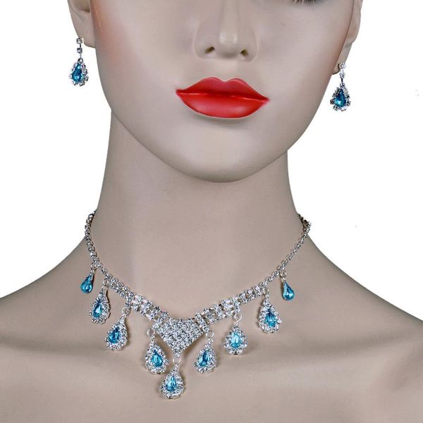 

earrings & necklace chran drop crystal set silver plated rhinestone bridal wedding jewelry sets