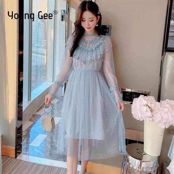 

young gee women lace ruffles dresses elegant spring summer party high waist beading tassel tutu midi slim fairy dress vestidos 210325, Black;gray