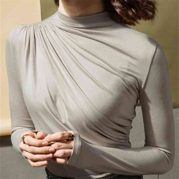 

women cotton t-shirt turtleneck long sleeve women shirt all match lady black white gray yellow shir 210722