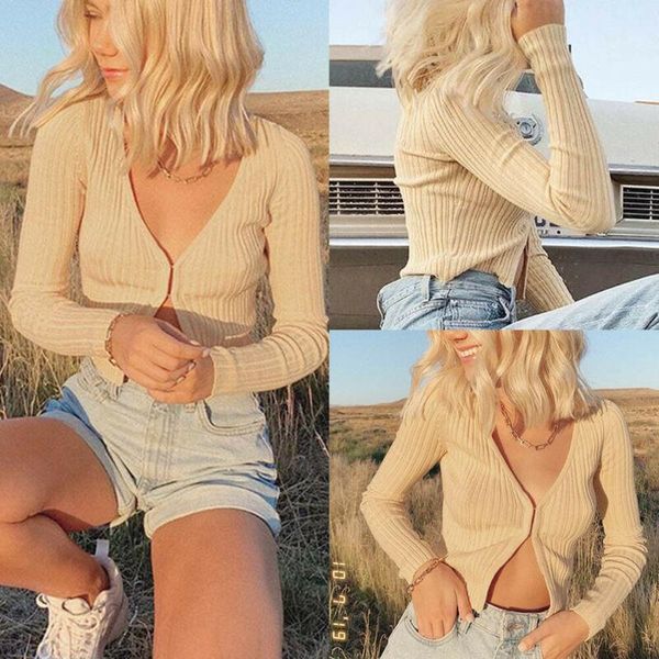 

women leaky chest cardigan blouse long sleeve v-neck cropped button knit cardigan shirt new, White