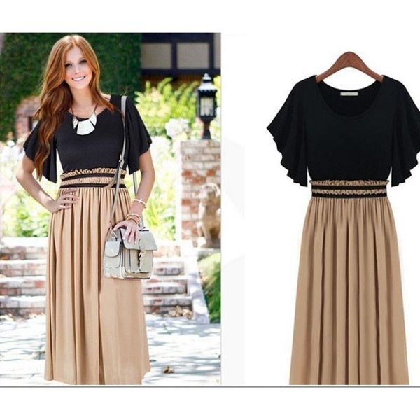 

casual dresses women's summer dress chiffon large maxi women knitted stitching waist closing long skirt vestido vintage, Black;gray