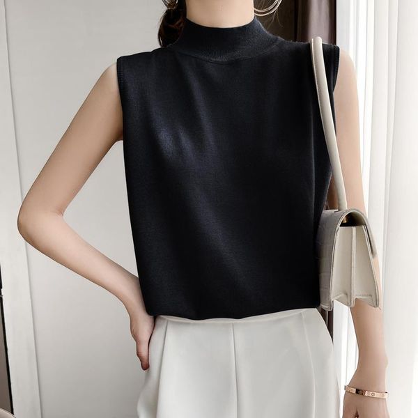 

women's tanks & camis semi-high collar solid color wool knitted sleeveless pullover t-shirt is thin and loose, all-match inner outer we, White