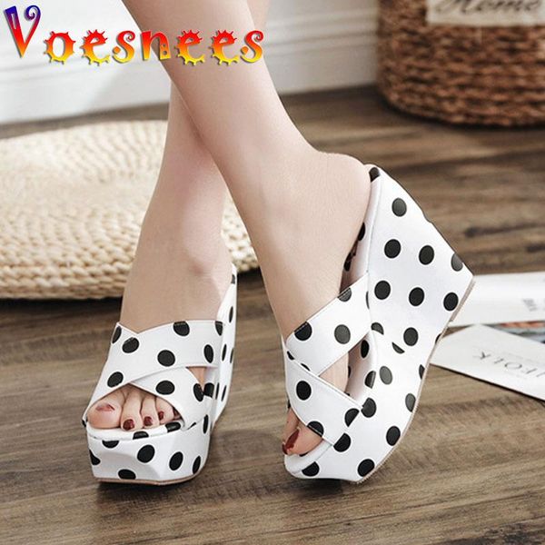 

slippers voesnees 2021 tidal polka dot pattern women sandal fashion cross upper 11.5cm wedges high heels summer female slipper shoes, Black