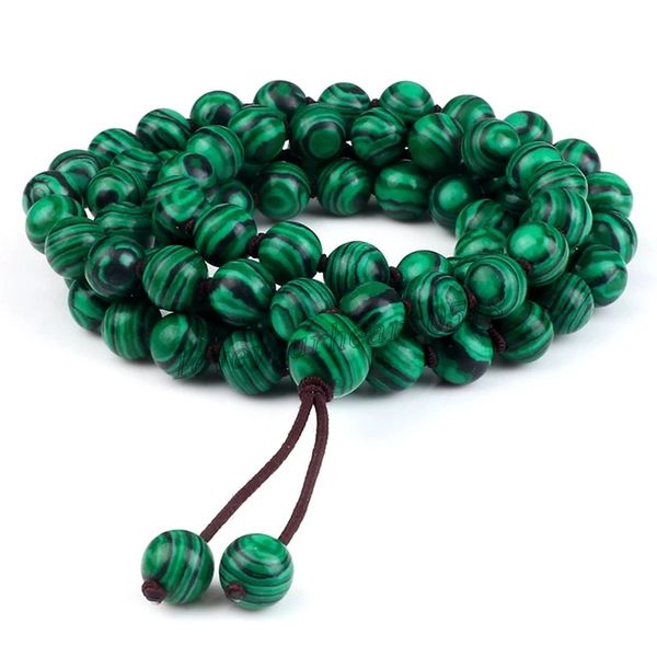 

8mm green malachite bracelet necklaces necklace natural stone beads buddhist buddha mala yoga jewelry elastic knot bracelets for women men, Silver