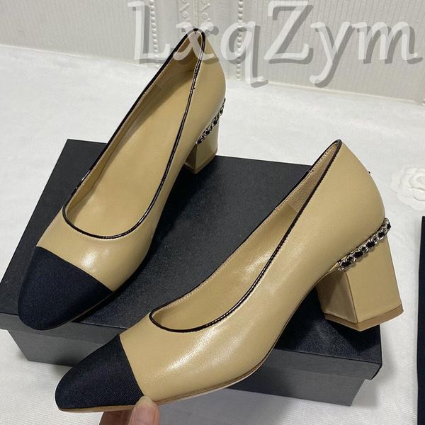 

dress shoes fashion mixed color genuine leather pumps women high heels party wedding black footwear 6cm chain decor