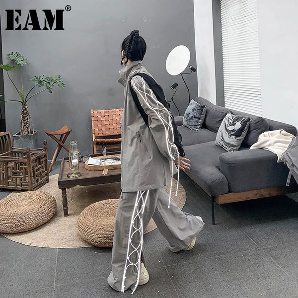 

women's two piece pants [eam] wide leg bandage suit stand collar long sleeve women black loose fashion spring autumn 2021 1de0899, White