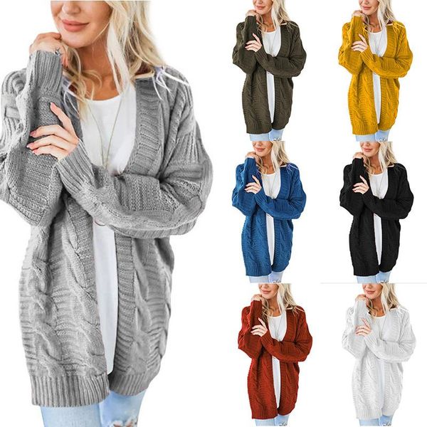 

women's knits & tees autumn fashion cardigan sweater long sleeve solid color medium length thick thread twist, White