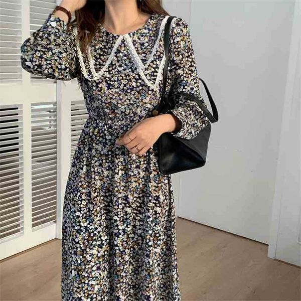 

spring women french retro dresses floral printing loose long gentle elegant chic female fashion clothe 210525, Black;gray
