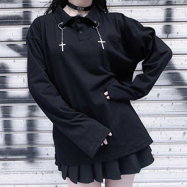 

women's t-shirt gothic black long sleeve women t-shirts harajuku vintage turn down collar cross pendant japanese streetwear f, White
