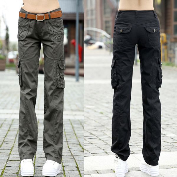 

plus size pantalon femme 2021 women workout cotton military combat cargo pants overalls ladies straight multi-pocket trousers, Red