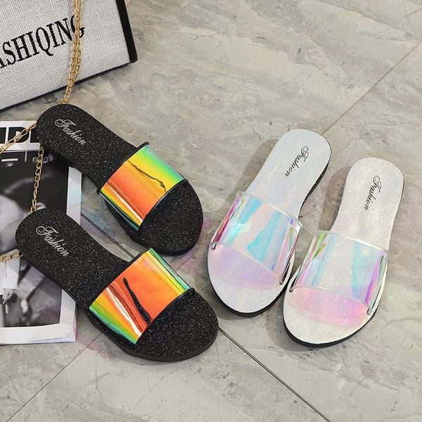 

slippers women summer 2021 fashion flip flop rainbow laser magic color flat simple holiday beach, Black