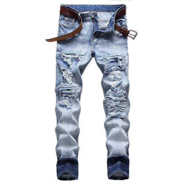 

autumn men new skinny jeans size 42 biker outwear pants hommes ripped jeans hombre x0621, Blue