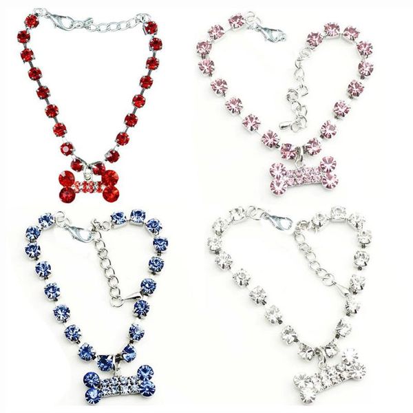 

fashion jewelry puppy dog cat collar design crystal rhinestone bone charm pendant metal neckalce pet wedding accessories collars & leashes