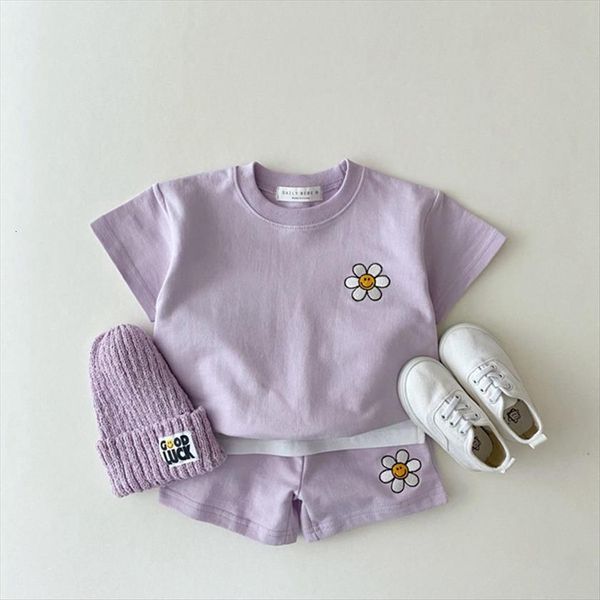 

summer toddler baby boys girrls clothes sets cartoon flower printed short sleeve kid cotton casual shorts 2pcs set, White