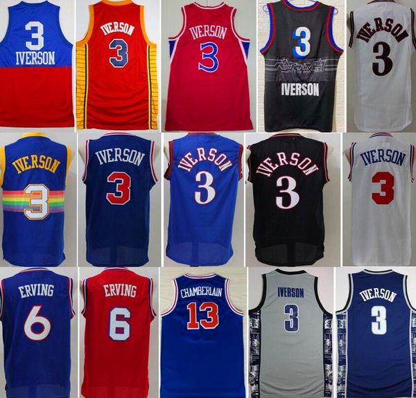

georgetown hoyas college allen iverson men basketball jerseys dr j julius erving 6 wilt chamberlain 13 blue black white red good quality, Black;red