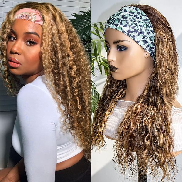 

highlights ombre deep wave headband wigs synthetic hair headband wigs for women p4/27 piano color 16-24 inch, Black