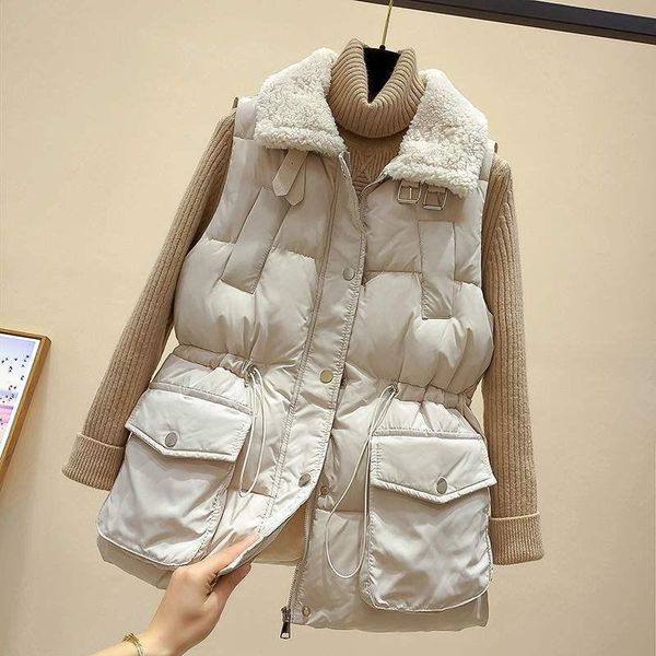 

women's vests 2021 korean version of the down cotton vest women autumn/ winter thick stitching lamb fur collar waist sleeveless jacket, Black;white