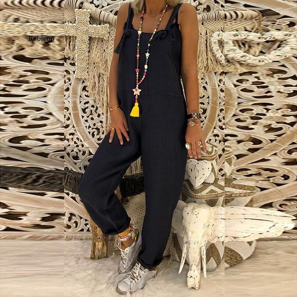 

women casual solid strappy dungarees vintage cotton linen loose party long harem overalls rompers jumpsuits, Black;white