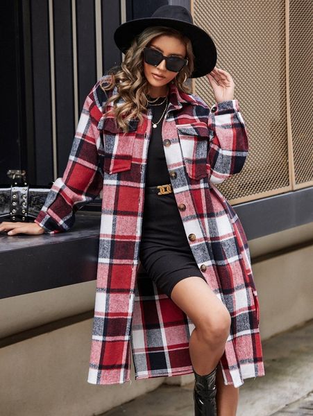 

plaid flap pocket drop shoulder overcoat without belt k75p#, Black