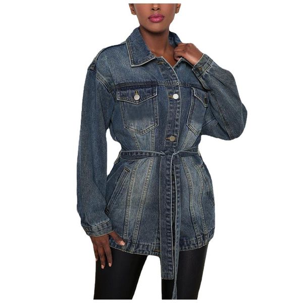 

women's jackets 2021 vintage denim jacket autumn long sleeve turndown collar jeans fashion pocket button waist lace up coat, Black;brown
