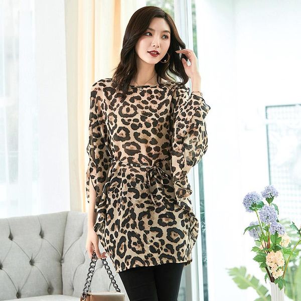 

summer style vintage leopord pattern chiffon blouse western fashion gentle wind thin sleeve women's blouses & shirts, White