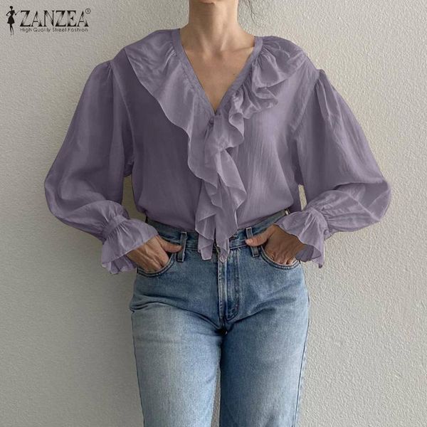 

blouses women ruffle blouse 2021 spring office ladies elegant casual solid puff sleeve tunic female v-neck blusa plus size, White