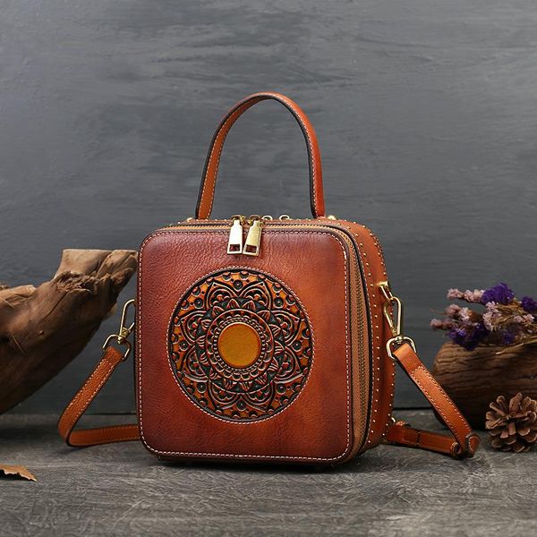 

duffel bags lhfff leather handbags first layer cowhide women's embossed retro one-shoulder messenger small square bag