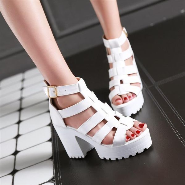 

dress shoes 2021 tied punk gothic sandals lady open toe chunky block high heels gladiator women party rome 34-43, Black