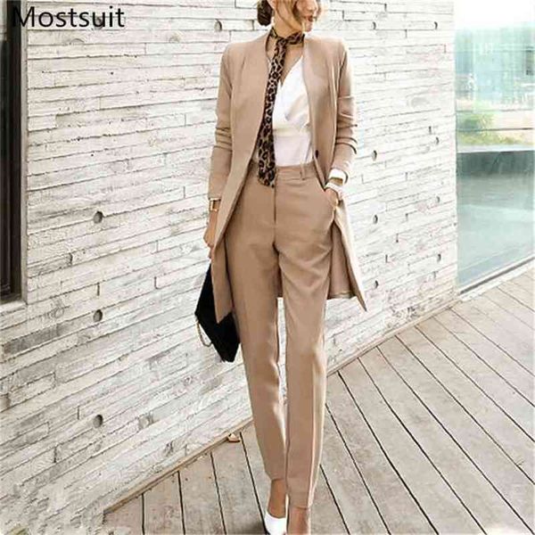 

korean office two piece suits set women belted long coat + suit pants outfits elegant fashion workwear female matching 210513, White
