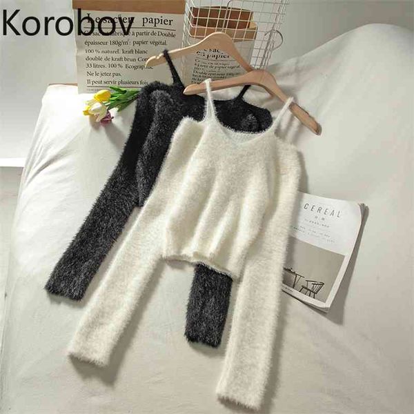

korobov women slash neck off shoulder jumper femme korean long sleeve sweaters autumn winter short sueter mujer 210430, White;black