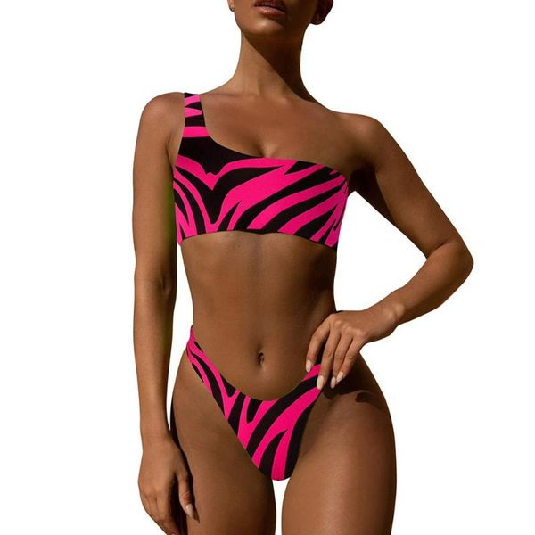 

one-piece suits summer women print skew collar push-up padded bikini set 2021 two piece swimwear swimsuit beachwear for ladies fashion