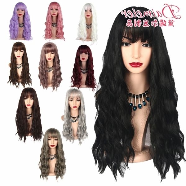 

perm corn fashion women's air bangs long curl chemical fiber wig head cover, Black
