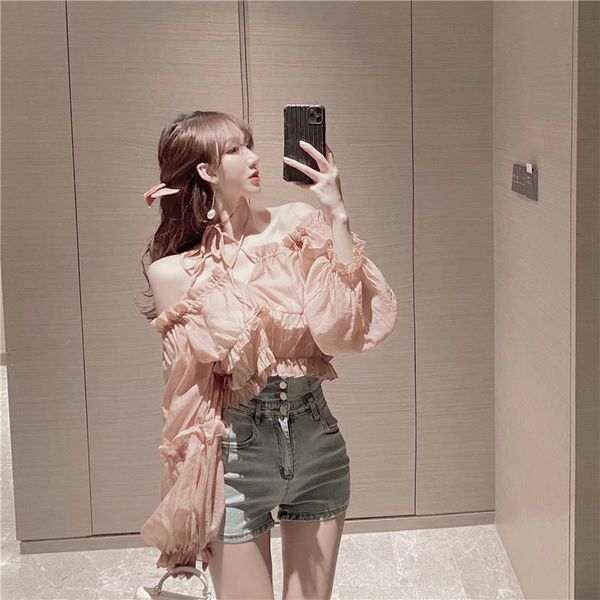 

women's blouses & shirts 2021 clothing halter blouse korean style slash neck ruffles puff sleeve autumn solid color all-match shirt top, White