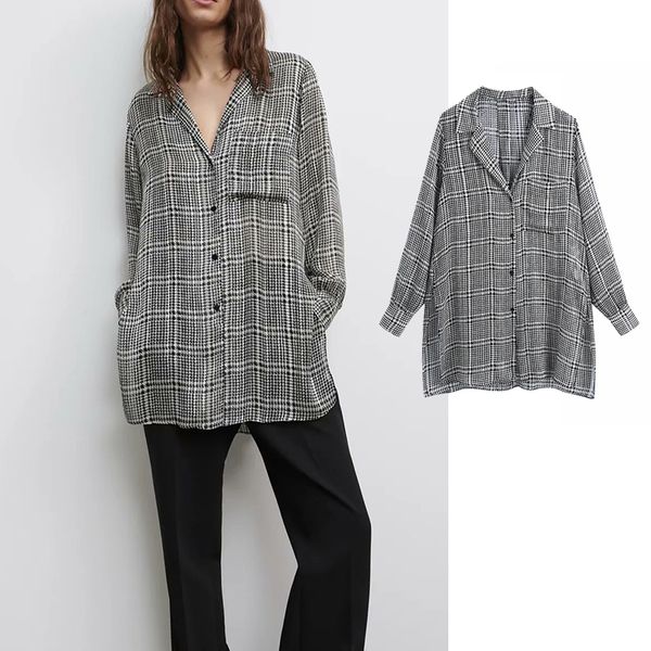 

women's blouses & shirts new fashion women houndstooth chiffon shirt turn-down collar long sleeve shirt casual loose 9nq3, White