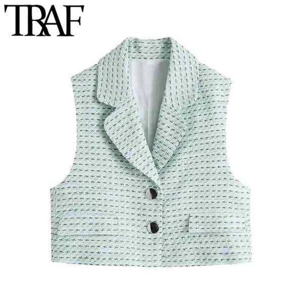 

women fashion with metal button tweed cropped vest coat vintage sleeveless flap pockets female waistcoat chic 210507, Black;white