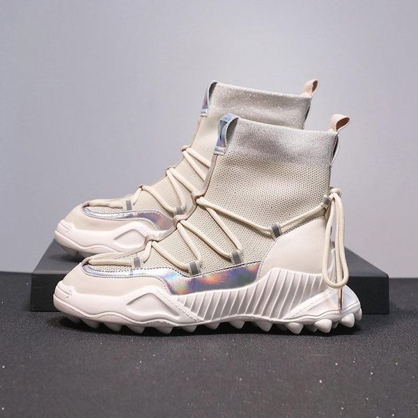 

boots socks and shoes 2021 autumn/winter casual flying knit high dad platform hip hop sneakers, Black
