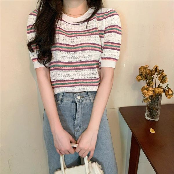 

women's blouses & shirts blouse round neck hollow striped short sleeve knit sweater thin summer slim top, White