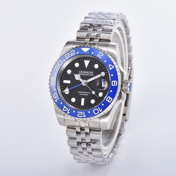 

oumashi automatic mechanical men's watch men gmt blue ren bezel sapphire glass luminous date stainless steel wristwatches, Slivery;brown
