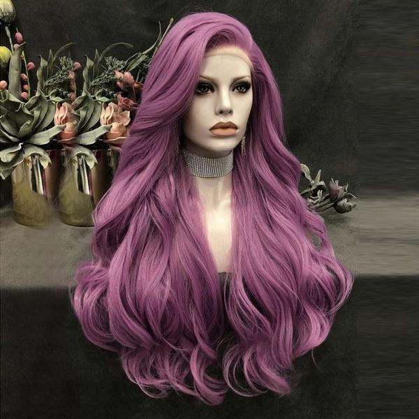 

long water wave wig orange purple color synthetic wigs for women lace front wig glueless heat resistant fiber daily wig, Black