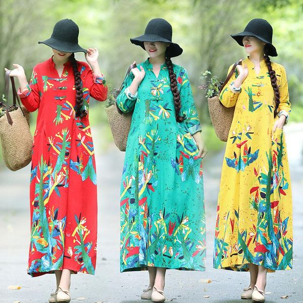 

casual dresses women cotton linen buckle floral print a-line robe dress ethnic vintage literary loose plus size boho beach maxi vestidos, Black;gray