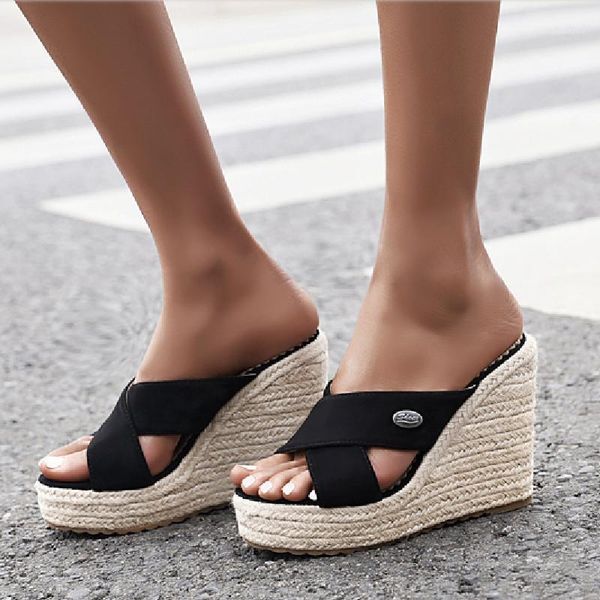 

sandals fanyuan slipper women wedges shoes platform open toe metal solid color casual outdoor female slippers size 34-431, Black