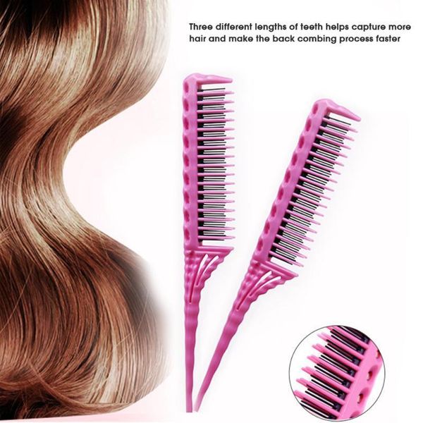 

3-row teeth teasing comb detangling brush rat tail adding volume back coming hairdressing combs1, Silver