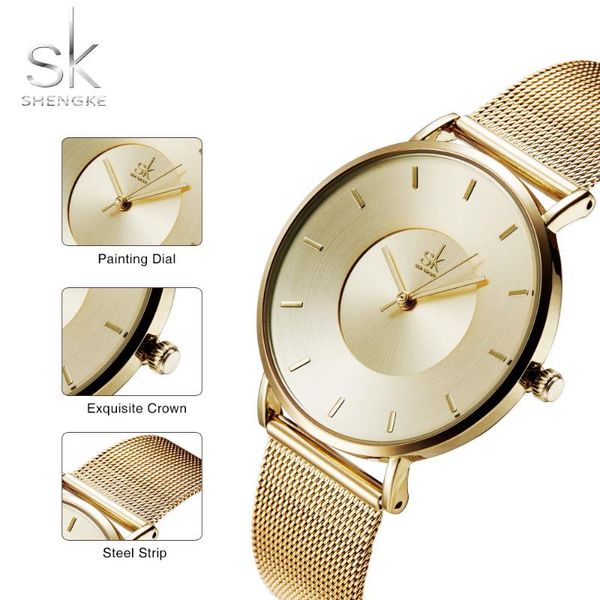 

shengke milan mesh strap steel fashion ladies wrist braclet simple dial women watches sk luxury slim relogio feminino wristwatches, Slivery;brown